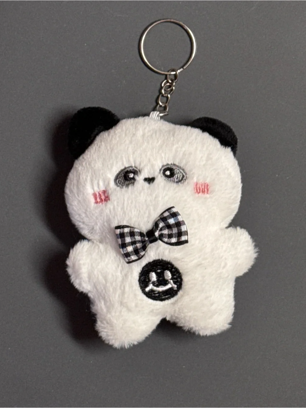 NIP Cute Panda Plush Keychain Bag Charm Gingham Bow Smiley Patch